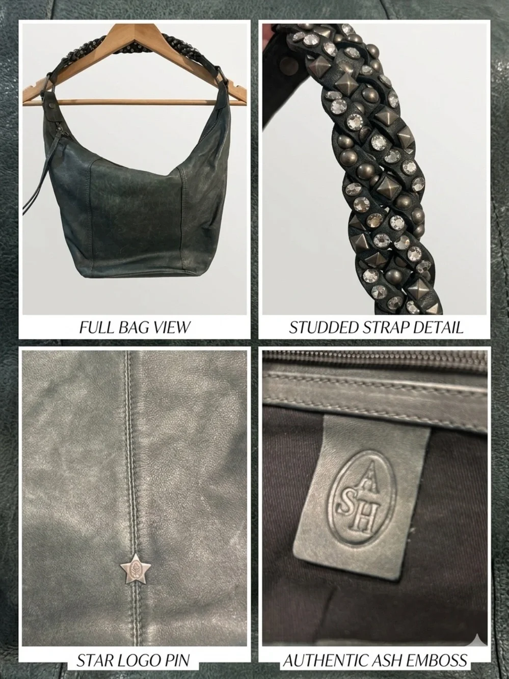 ASH deep green Distressed Leather Studded Braided Strap Hobo Shoulder Bag